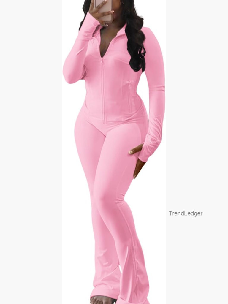 2 Piece Zip Up Jacket & Flare Legging Workout Set With Pockets